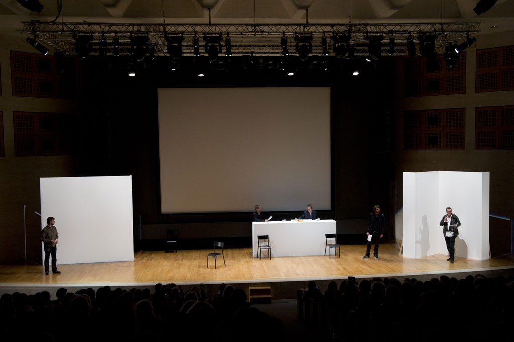 Claude Closky, 'Private View' (2), Gerard Vidal as 'Lawrence', Brice Beaugier as 'Stephen', Geoff Lowe as 'Joseph', Mark Cresswell as 'Ed', Yves Lambrecht as 'John', Auditorium du Louvre, 21-10-2011. Photo Marc Domage